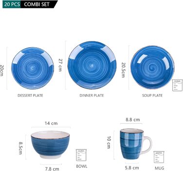 Комбінований набір фаянсового посуду, Vancasso Bella ручний розпис, марокканський стиль, вінтажний вигляд, ручний розпис, на 12 осіб (набір посуду з 20 предметів, блакитна белла)