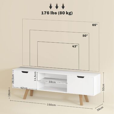 Тумба під телевізор HOMCOM: 150 x 39 x 50 см, білий колір, 2 дверці, 2 полиці, для телевізорів до 65 дюймів