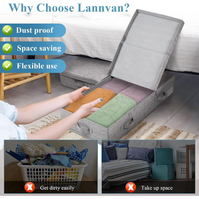 Ящик для зберігання під ліжко Lannvan з кришкою, ящик для зберігання під ліжко висотою 15 см, складний ящик для зберігання під ліжко з ручками та кишенями для етикеток (80,5 x 41 x 15 см, 2 шт.) 2 шт. сірий