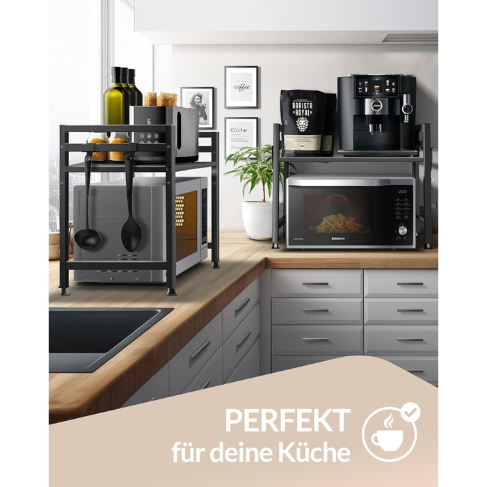 Підставка для мікрохвильової печі та кухонна полиця, сталева, 2-ярусна | Підставка для мікрохвильовки, шафка для мікрохвильовки, полиця для зберігання, полиця пекаря | Регульована висота та довжина, інструкція у відеоформаті, гачки - Чорний колір, 2 яруси