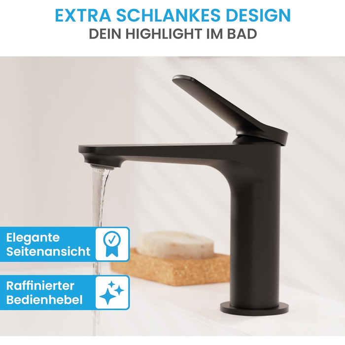 Змішувач для умивальника Bächlein Aldeya чорний матовий з монтажним комплектом, високий однорідний змішувач для накладної раковини