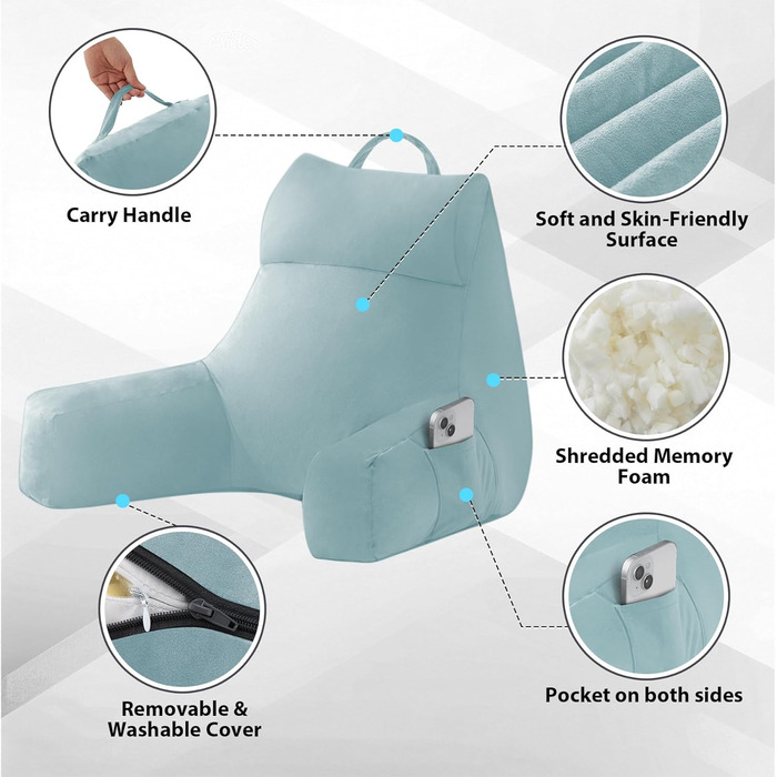 Подушка для читання з підлокітниками для дорослих, спинка для сидіння в ліжку, подушка з наповнювачем з піни з пам'яті з кишенями та знімним, пральним чохлом, для відпочинку, перегляду телевізора (Морська блакить, M(18 дюймів))