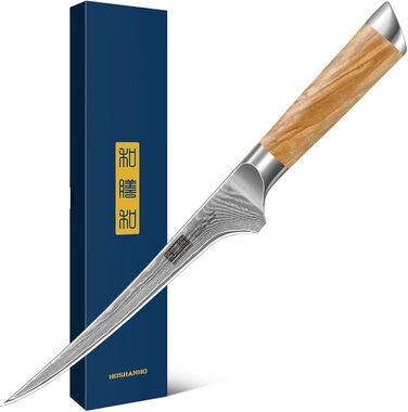Японський ніж HOSHANHO з дамаської сталі 20 см (67 шарів), кухонний ніж для приготування їжі, гострий, з ергономічною ручкою оливкового кольору (18 см для філе)