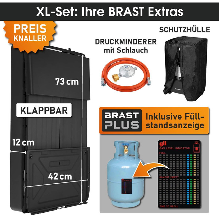 Газовий нагрівач BRAST Vulkan 4200W з керамічним нагрівачем | 3 режими нагріву | з захисним кожухом, редуктором, шлангом та індикатором рівня газу | складний та мобільний | для балонів до 15кг | газовий нагрівач, обігрівач, нагрівальний прилад