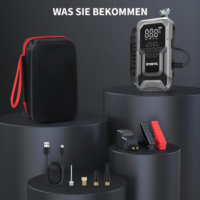 Powerbank Starthilfe 6000A з компресором 150PSI: портативний пусковий пристрій для авто та мото (бензин, дизель до 10.0L) з LED-ліхтариком QC3.0, срібний