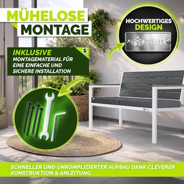 Садова лавка Tillvex® 3-4 місця з подушками та чохлом, вулична, дерев'яний вигляд, до 300 кг, стійка до УФ-випромінювання, антрацит/білий, 150 см