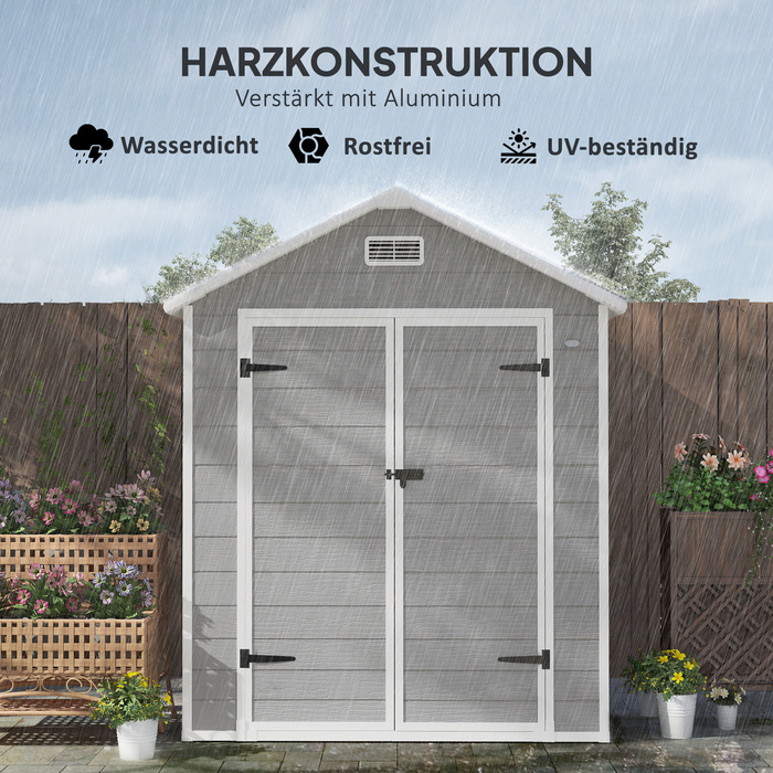 Outsunny Garden Shed 2,4 м², Водонепроникний садовий сарай з підлоговим моноскатним дахом, 182x151x219/181 см, Сарай для інструментів з дверима, що замикаються, Вікно Велосипедний гараж, Садова шафа з алюмінію, для заднього двору, Саду, Сірий | Аосом