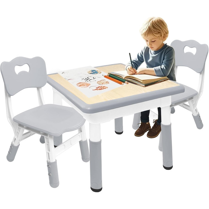 Дитячий стіл зі стільцями, 80x60 см, регульована висота, комплект для дитячого садка, ідеальний для ігор, малювання та ліплення. Легко миється. Підходить для дітей від 2 років (Сірий)