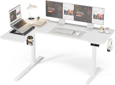Кутовий стіл з регулюванням висоти 150x100 см, електричний, ергономічний, білий. З підстаканниками та гачками.