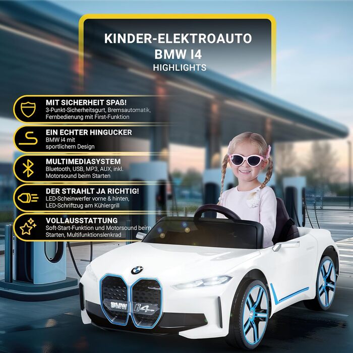 Дитячий електромобіль BMW i4 білий, ліцензійний, з пультом 2,4 ГГц, електроавтомобіль для дітей від 3 років