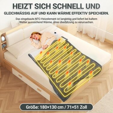 Електрична ковдра з автовимкненням 130x180 см, 8 режимів нагріву, таймер 12 годин, пральна машина, флісова ковдра для ліжка, дивана, офісу (темно-сірий)