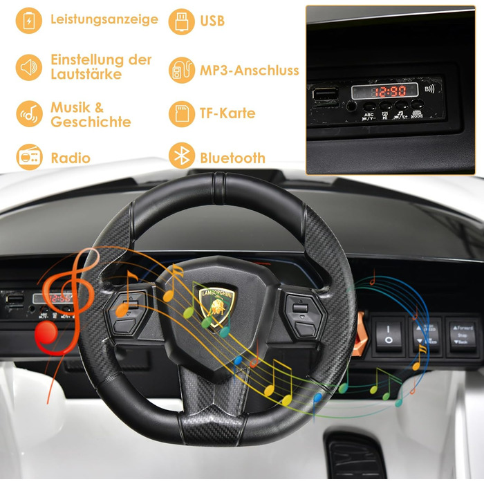 Дитячий електромобіль Lamborghini 12V COSTWAY з пультом, MP3, радіо, музикою та LED-фарами, для дітей 3-8 років, білий