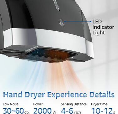 Автоматичний сушар для рук з інфрачервоним сенсором, настінний, 2000W, тихий (40 db), ABS-покриття (чорний)