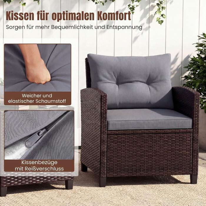 Садовий набір меблів COSTWAY з ротангу 3 предмети: 2 крісла, стіл зі скляною стільницею, подушки. Меблі для балкона, тераси, саду, для 2 осіб, коричнево-сірий