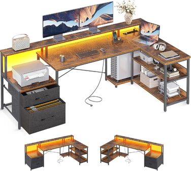 Стіл письмовий у формі літери L з шухлядами, кутовий, великий, з LED-підсвічуванням та розеткою, 172.5×100 см (Вінтаж-коричневий)