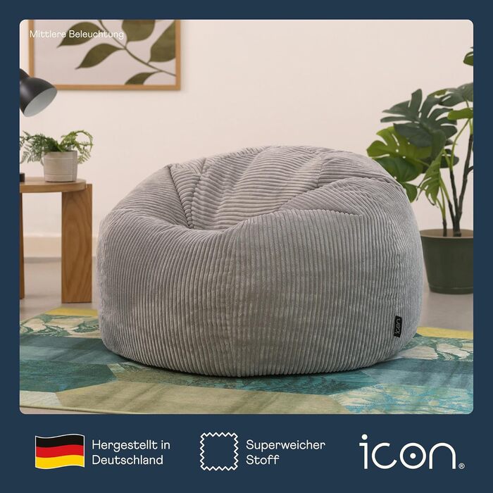 Сірий крісло-мішок Kingston з корду для дорослих, м'який, з наповнювачем, для спальні та вітальні