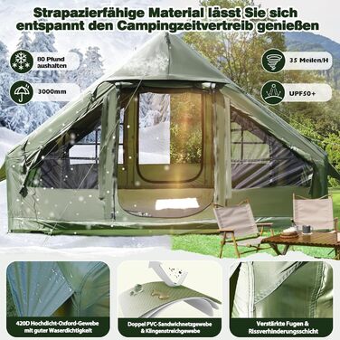 Надувний кемпінговий намет Oxford 420D для глемпінгу 4-5 осіб з насосом, водонепроникний (3000 мм), 4 сезони, з вікнами-москітними сітками, під камін, 300x210x200 см
