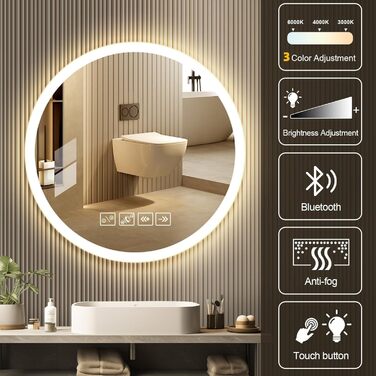 Круглий дзеркало для ванної кімнати з підсвічуванням, 60 см, LED, Bluetooth, сенсорне управління, регулювання кольору (3000K-6500K), диммування, HD-загартоване скло, 600x600 мм