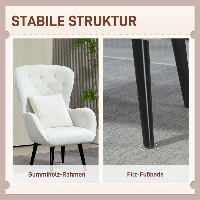 М'який крісло з ромбоподібним стежкою, обтягнуте тканиною вельветоподібного типу (тедді), з декоративними подушками, розмір 88 x 75 x 106 см, білий