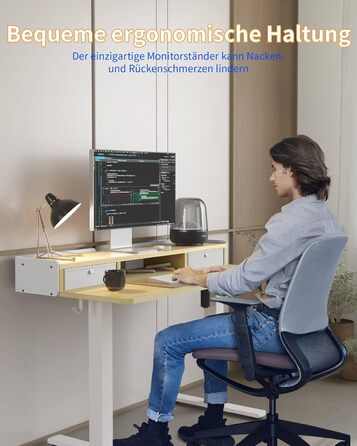 Електричний стіл YIHAYO з висувними ящиками та підставкою для монітора 120x60 см, регулювання висоти, пам'ять, Natural White, Natural поверхня