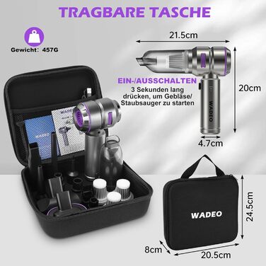 Акумуляторний ручний пилосос WADEO 3 в 1 для авто та дому, 18000Па, 3 швидкості, потужний обдув, 7500 мАг