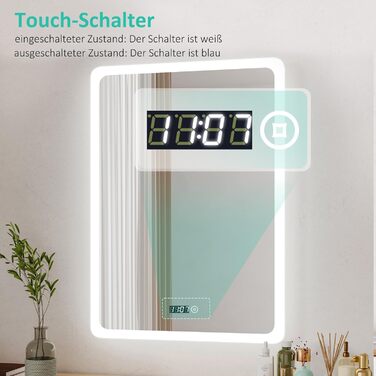 Дзеркало для ванної кімнати з підсвічуванням та годинником Boromal 50x70 см, диммер, 3 кольори світла, 2470 лм