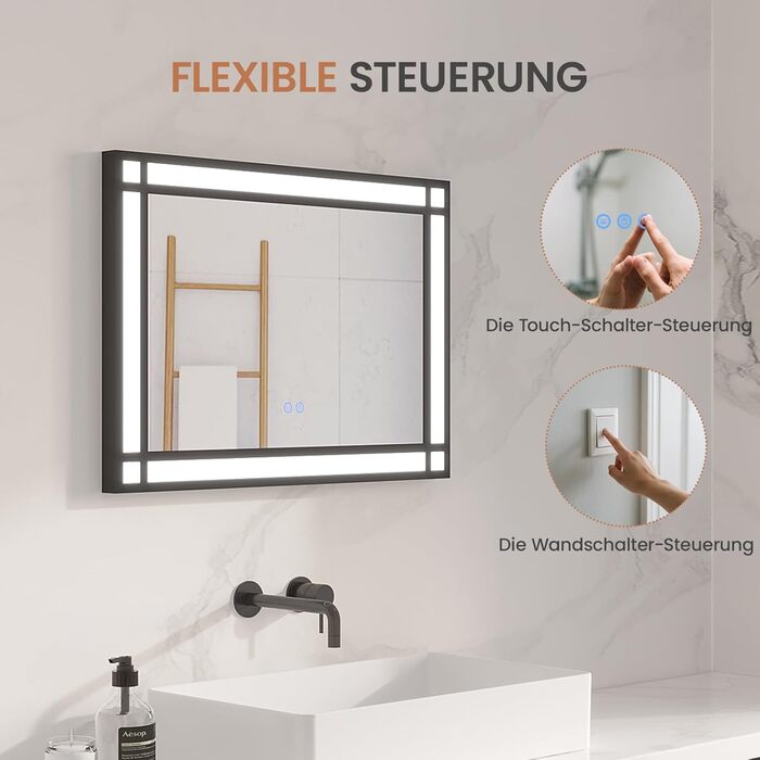 Дзеркало для ванної кімнати AQUABATOS LED з підсвічуванням 50x70 см, імітація вікна, сенсорне регулювання, антизапар, чорний алюмінієвий каркас, індустріальний стиль