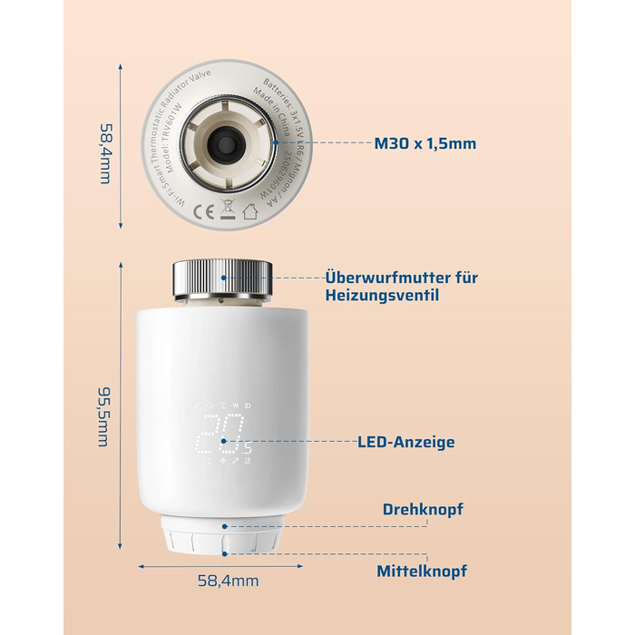 Розумний термостат для радіатора DEWENWILS WiFi, програмований, з керуванням через додаток, сумісний з Alexa та Google Assistant, енергозберігаючий, 1 шт.
