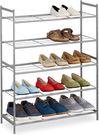 Підставка для взуття Relaxdays, металева, 5 рівнів, штабельна, висувна, ВхШхГ 90x70x26 см, 15 пар взуття, срібляста