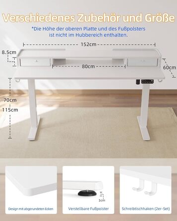 Електричний стіл YIHAYO з висувними ящиками та підставкою для монітора 120x60 см, з функцією пам'яті, Natural White, білий каркас/поверхня