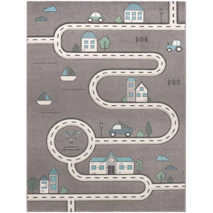 Дитяча кімната Кудлатий килимок Ігровий килимок Street City Cars Ігровий килимок сірого кольору, розмір 120x170 см (квадрат 133 см)