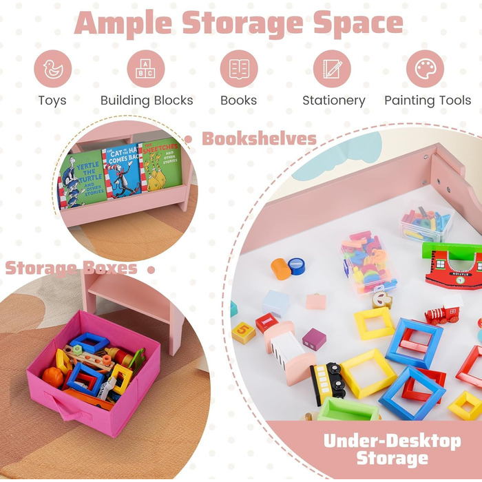 Дитячий стіл LIFEZEAL 3 в 1 з 2 стільцями: стіл для малювання, активностей та обіду. Дерев'яна дитяча група з місцем для зберігання (Рожевий)