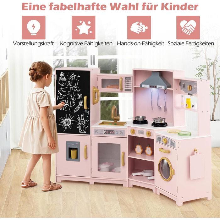 Дерев'яна дитяча кухня COSTWAY з підсвічуванням та звуком, кутова кухня з дошками, мікрохвильовою піччю, раковиною, духовкою та місцем для зберігання, з аксесуарами, іграшкова кухня для дітей від 3 років (білий/рожевий)