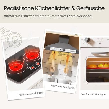 Дерев'яна дитяча кухня Tiny Land з аксесуарами: 18 предметів посуду та їжі. Іграшковий кухонний набір для дітей з підсвіткою та звуками.