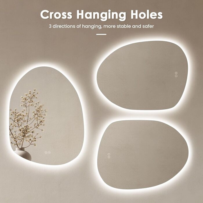 Дзеркало для ванної кімнати Dripex LED з підсвічуванням, сенсорне керування, регулювання яскравості, 3 кольори світла, без запотівання, 85x52 см