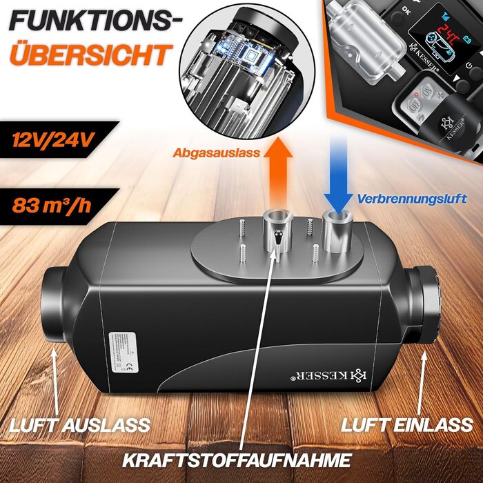 Дизельний опалювач KESSER® 12/24V з таймером, LCD-дисплеєм та пультом керування | Швидкий нагрів, термостат, шумопоглинач | 8kW (червоний/чорний)