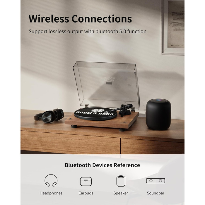 Вініловий програвач ANGELS HORN з Bluetooth, ремінним приводом, вбудованим передпідсилювачем, 2 швидкості 33/45 об/хв, дерев'яний корпус, голівка AT-3600L