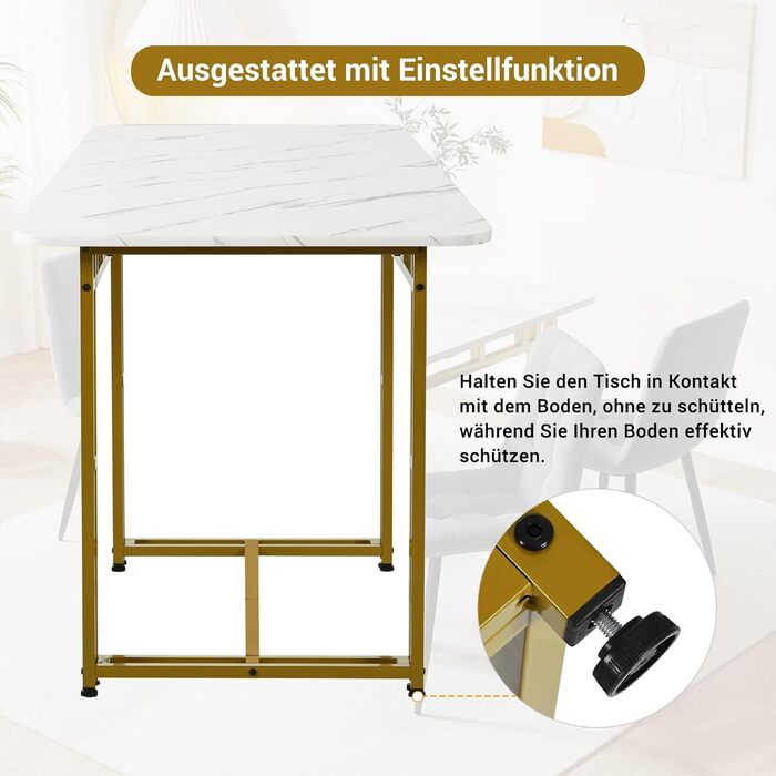 Стіл обідній Merax 140x80 см, прямокутний, з малюнком мармуру, на 4-6 осіб, металевий каркас, регульовані ніжки, для ресторану, вітальні, кухні, білий/чорний