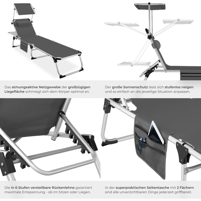 Шезлонг Tectake з дахом, балконний шезлонг з алюмінію, складний садовий шезлонг, стійкий до погодних умов, шезлонг для саду, кемпінгу та пляжу, регульована спинка, подушка для голови, бічна кишеня - сірий меланж (сірий)
