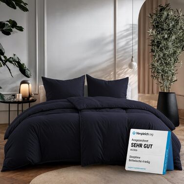 Стильна постільна ковдра Sleeptime з 100% бавовни, 200x200 см, темно-синій колір, м'яка та без прасування. Комплект постільної білизни з 2 наволочками 80x80 см, 3-частинний комплект, колір морської хвилі.