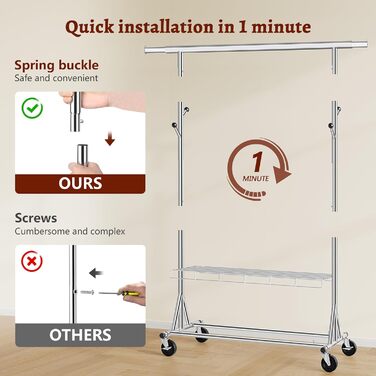 Металевий вішак для одягу на коліщатках FAVOOOSTY, 200 кг, мобільний, швидка установка, 1 стійка