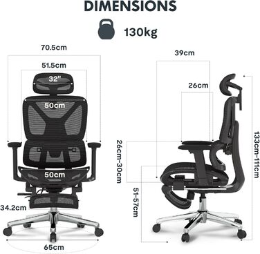 Крісло офісне ергономічне FLEXISPOT C7 Lite Mesh, чорне. Регульовані підлокітники 3D, підголовник, спинка 5D, до 130 кг
