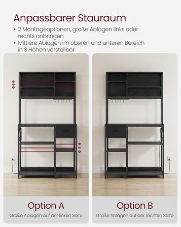 Стелаж кухонний VASAGLE з розетками, 40 x 100 x 180,4 см, з регульованими полицями, ящик з тканини, 12 гачків, антрацит-чорний, KKS027B02