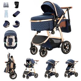 Дитяча коляска 3 в 1 Kinderwagen Reisesystem з автокріслом, прогулянковою коляскою, регульованими підлокітниками, дощовиком, москітною сіткою, алюмінієвим каркасом, для дітей 0-4 роки, чорна (SK20-Blau)