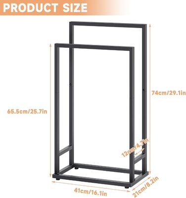 Підставка для рушників на підлозі, металева, чорна, з 2 перекладинами, для ванної кімнати, стабільна, економна