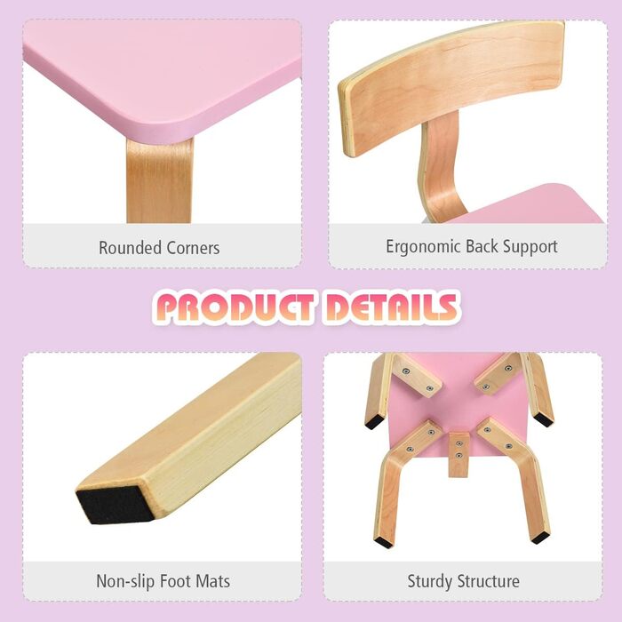 Дитячий стіл LIFEZEAL з 2 стільцями: дерев'яний комплект для дитячої кімнати (3-12 років, рожевий+натуральний)