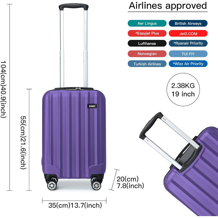 Тролейковий валізу Kono з ABS-пластику, фіолетовий, розмір Cabin (ручна поклажа) з 4 колесами та замком-застібкою