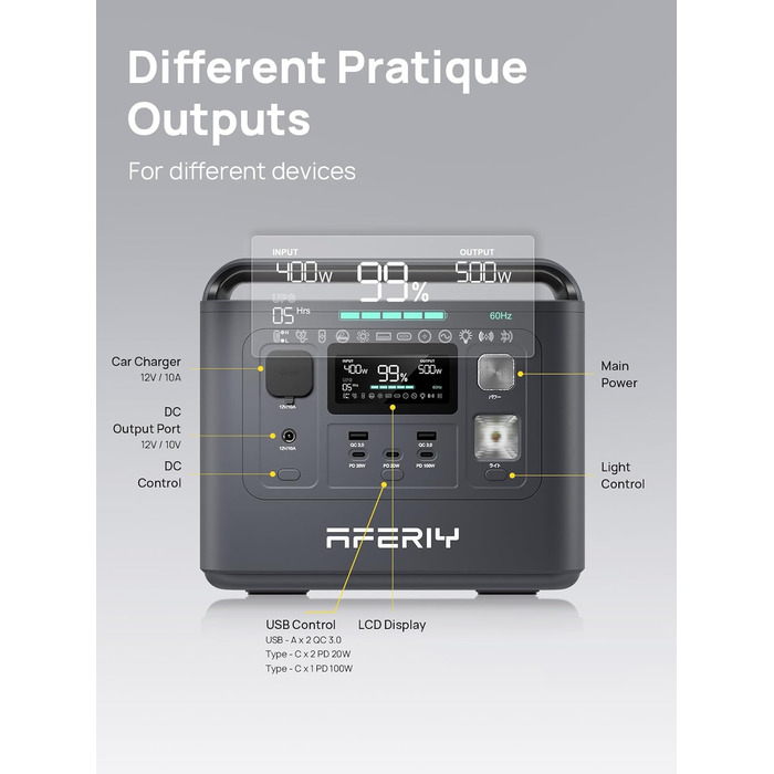 Портативна електростанція AFERIY, ємність 512 Wh, номінальна потужність 230 W