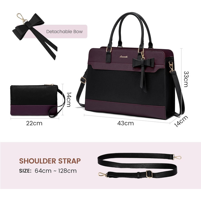 Сумка LOVEVOOK для жінок, велика, 15.6 дюймів, для ноутбука, робоча, елегантна, однотонна, шкіряна, для школи, офісу, ділових поїздок, shopper, tote bag (15.6 дюймів, фіолетово-чорна)