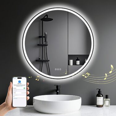 Дзеркало для ванної кімнати з підсвічуванням LED, кругле, 50 см, сенсорне керування, регулювання яскравості, функція пам'яті, захисне скло HD, захист від вибуху, Bluetooth, антизапар, металевий каркас, 60x60 см